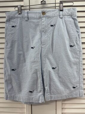 Vineyard vines boys size 14 Blue striped seersucker  Embroidered Whale Shorts
